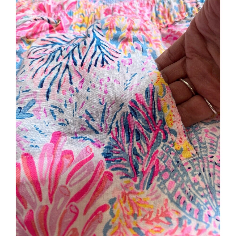 Lilly Pulitzer Taron 100% Linen Pants M Coastal Coral Print Drawstring Pull On - Picture 7 of 15